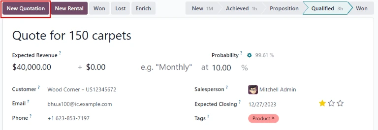 Verkaufschance in Odoo 19 mit den Schaltflächen New Quotation, Won und Lost, dem erwarteten Umsatz, der berechneten Abschlusswahrscheinlichkeit und der Phasenleiste der Pipeline